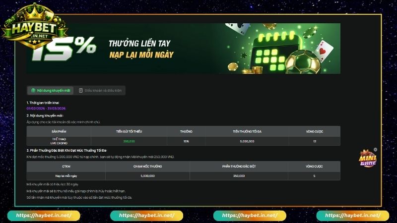 Thưởng Nạp Lại Mỗi Ngày Lên Đến 15% Tại Nhà Cái Haybet - FARON